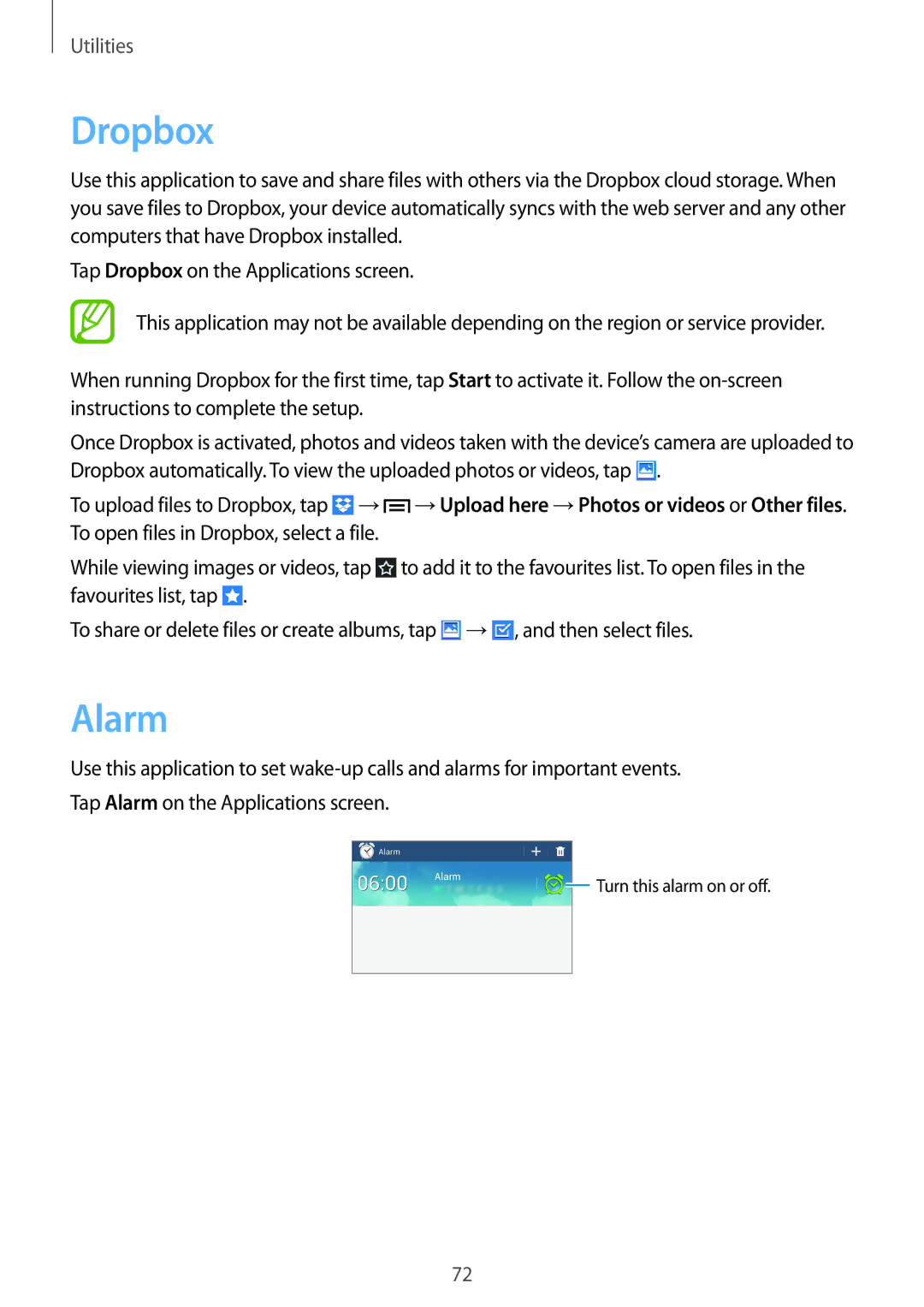 Samsung SM-T110NDWASEB, SM-T110NYKATPH, SM-T110NDWADBT, SM-T110NYKAATO, SM-T110XYKADBT, SM-T110NLYAATO manual Dropbox, Alarm 