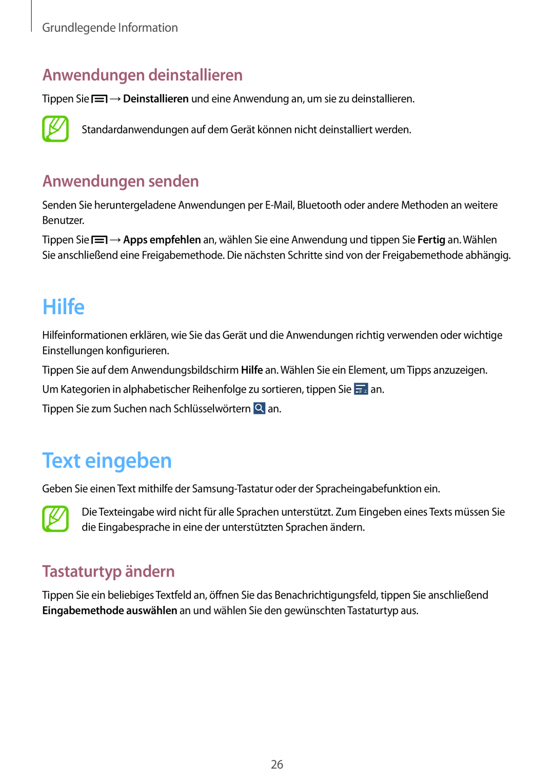 Samsung SM-T110NYKADBT manual Hilfe, Text eingeben, Anwendungen deinstallieren, Anwendungen senden, Tastaturtyp ändern 