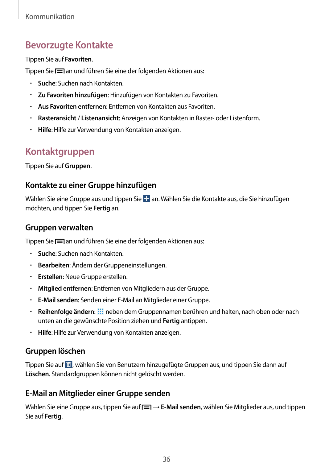 Samsung SM-T110NYKAEUR manual Bevorzugte Kontakte, Kontaktgruppen, Kontakte zu einer Gruppe hinzufügen, Gruppen verwalten 