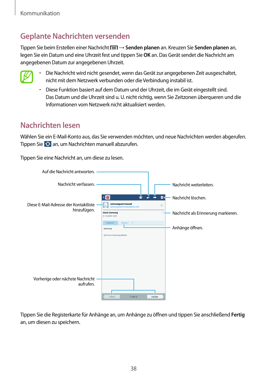 Samsung SM-T110NDWAXEO, SM-T110NYKATPH, SM-T110NDWADBT Geplante Nachrichten versenden, Nachrichten lesen, Kommunikation 