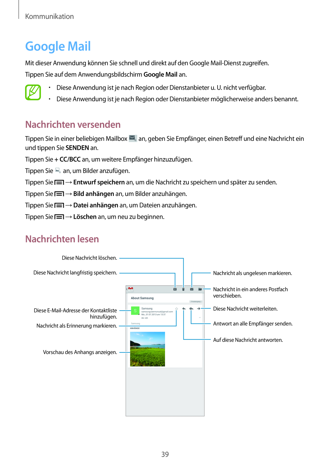 Samsung SM-T110NYKATUR manual Google Mail, Nachrichten versenden, Nachrichten lesen, Kommunikation, Diese Nachricht löschen 