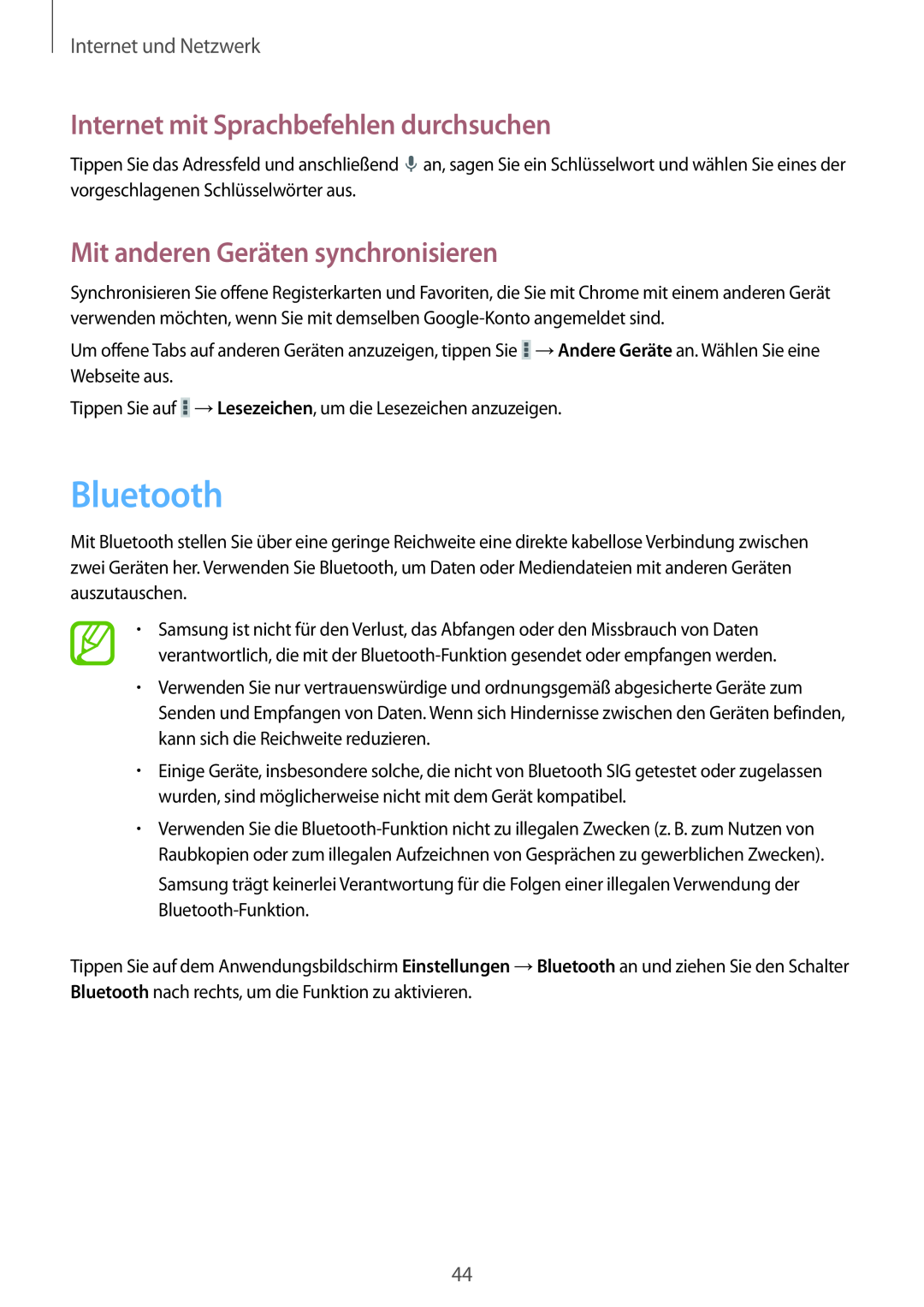 Samsung SM-T110NYKAATO manual Bluetooth, Mit anderen Geräten synchronisieren, Internet mit Sprachbefehlen durchsuchen 