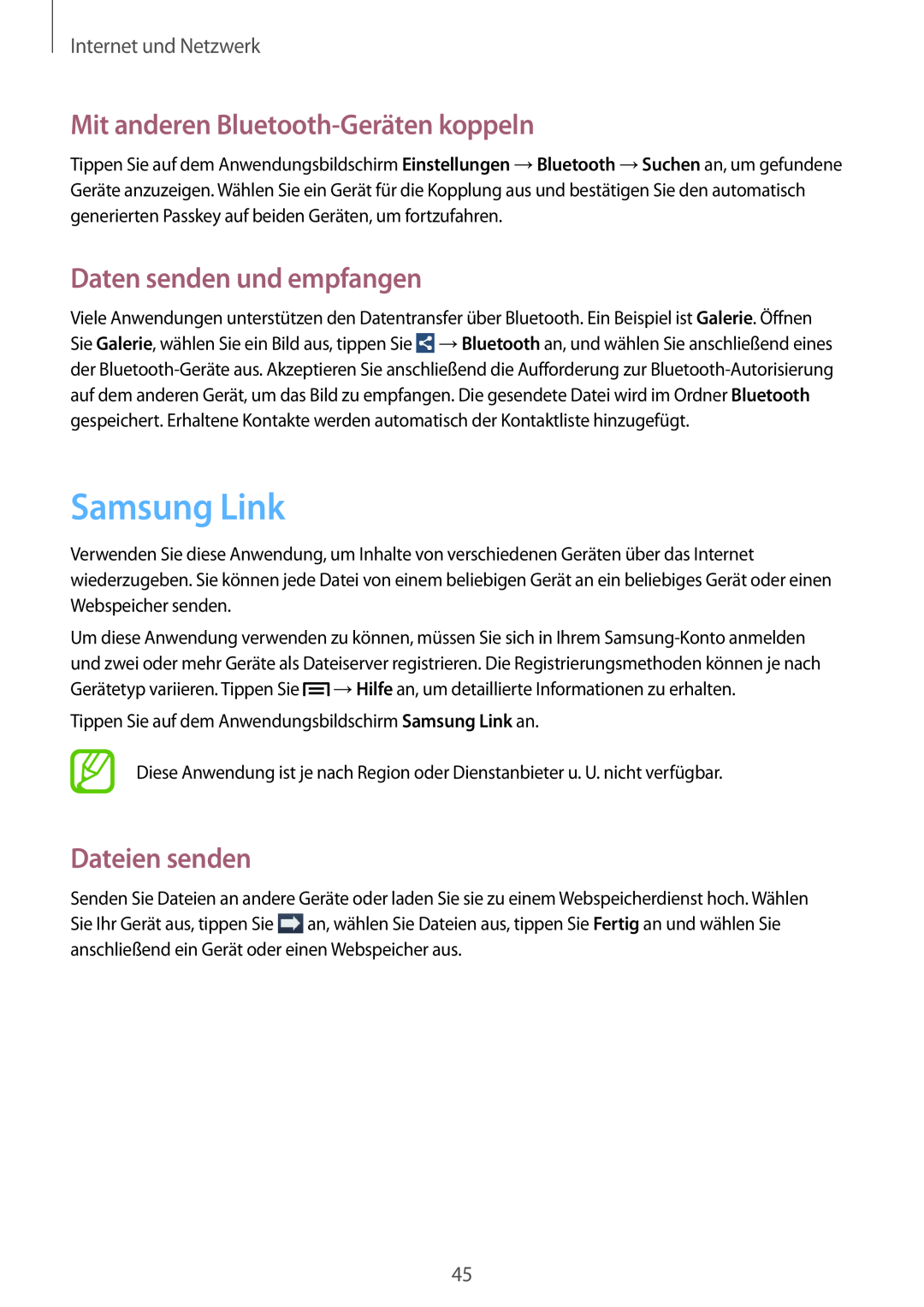 Samsung SM-T110XYKADBT Samsung Link, Mit anderen Bluetooth-Geräten koppeln, Daten senden und empfangen, Dateien senden 