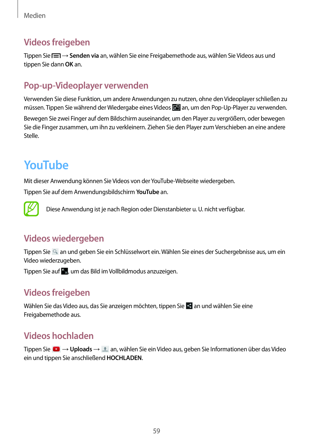 Samsung SM-T110XYKADBT manual YouTube, Videos freigeben, Pop-up-Videoplayer verwenden, Videos hochladen, Videos wiedergeben 