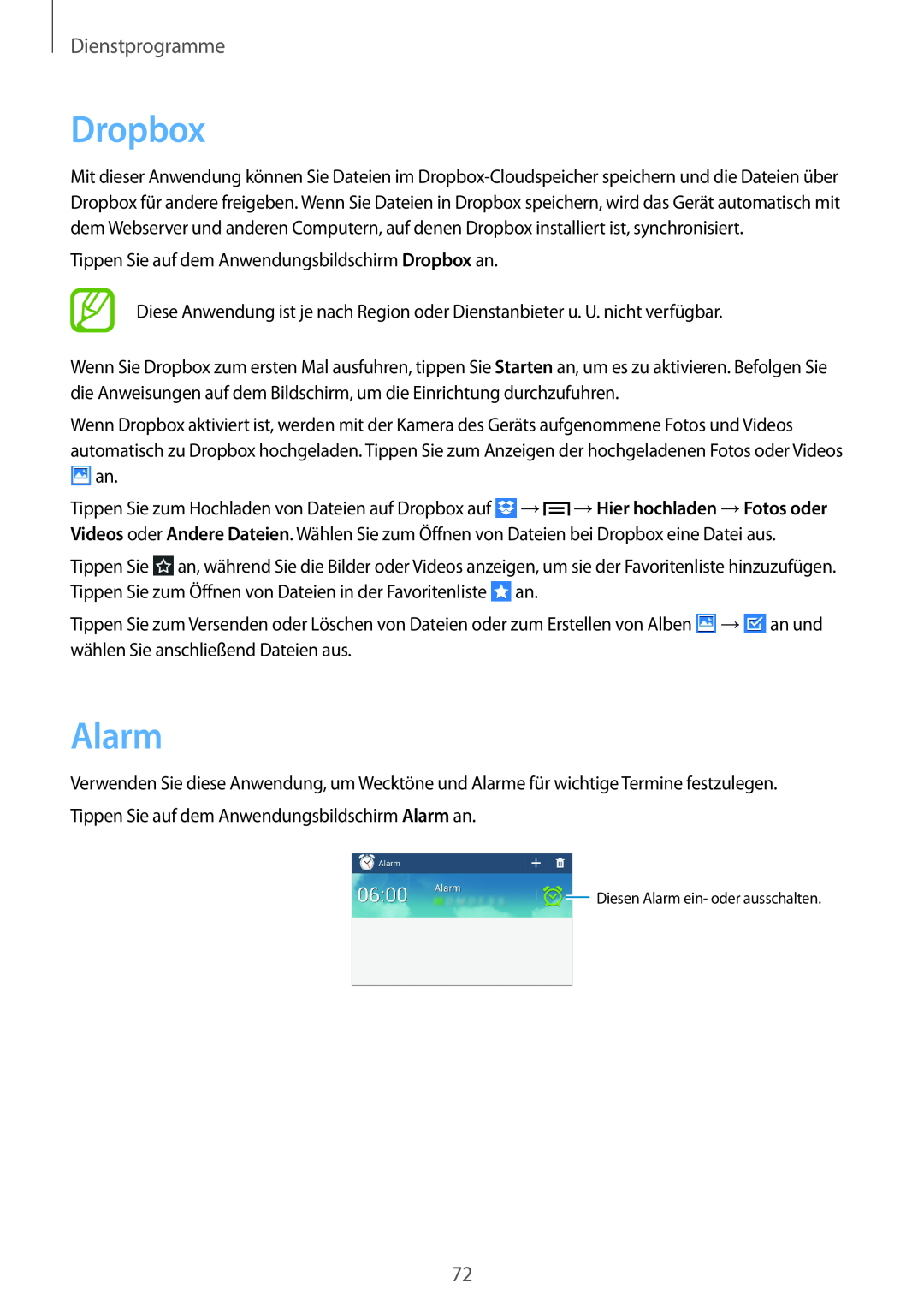 Samsung SM-T110NYKAATO, SM-T110NYKATPH, SM-T110NDWADBT Dropbox, Dienstprogramme, Diesen Alarm ein- oder ausschalten 