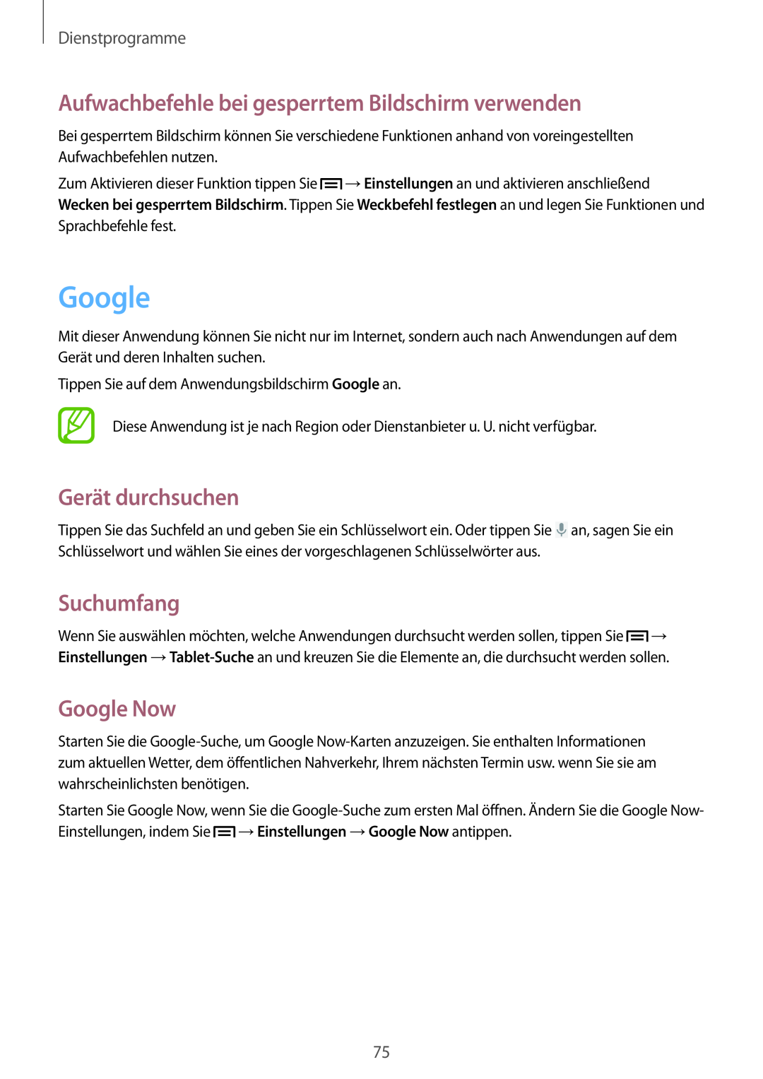 Samsung SM-T110NDWATPH manual Google, Aufwachbefehle bei gesperrtem Bildschirm verwenden, Gerät durchsuchen, Suchumfang 