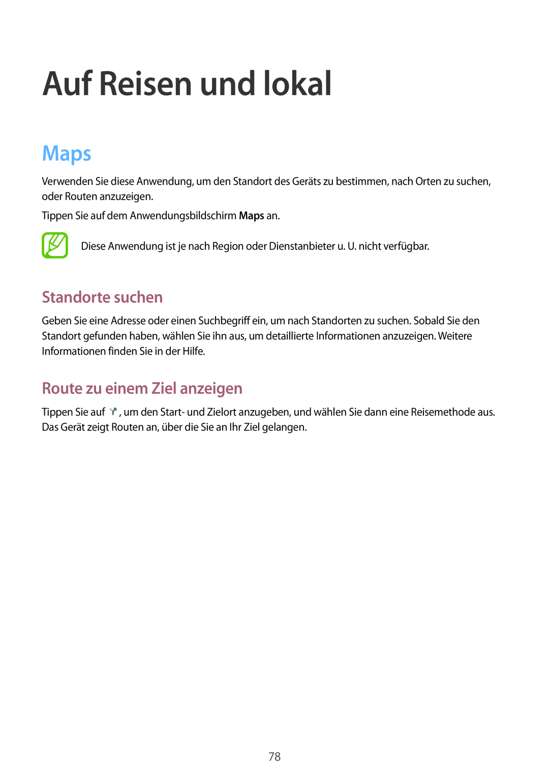 Samsung SM-T110NYKAEUR, SM-T110NYKATPH manual Auf Reisen und lokal, Maps, Standorte suchen, Route zu einem Ziel anzeigen 