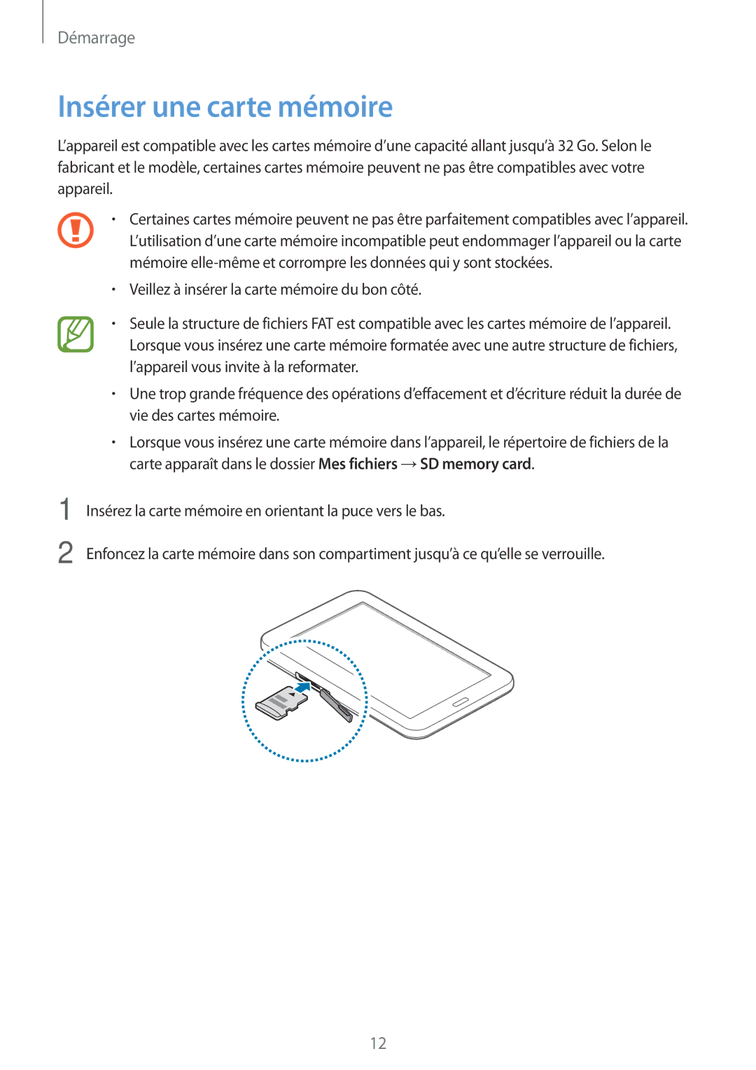 Samsung SM-T110NYKAXEF, SM-T110NDWAXEF, SM-T110XYKAXEF manual Insérer une carte mémoire 