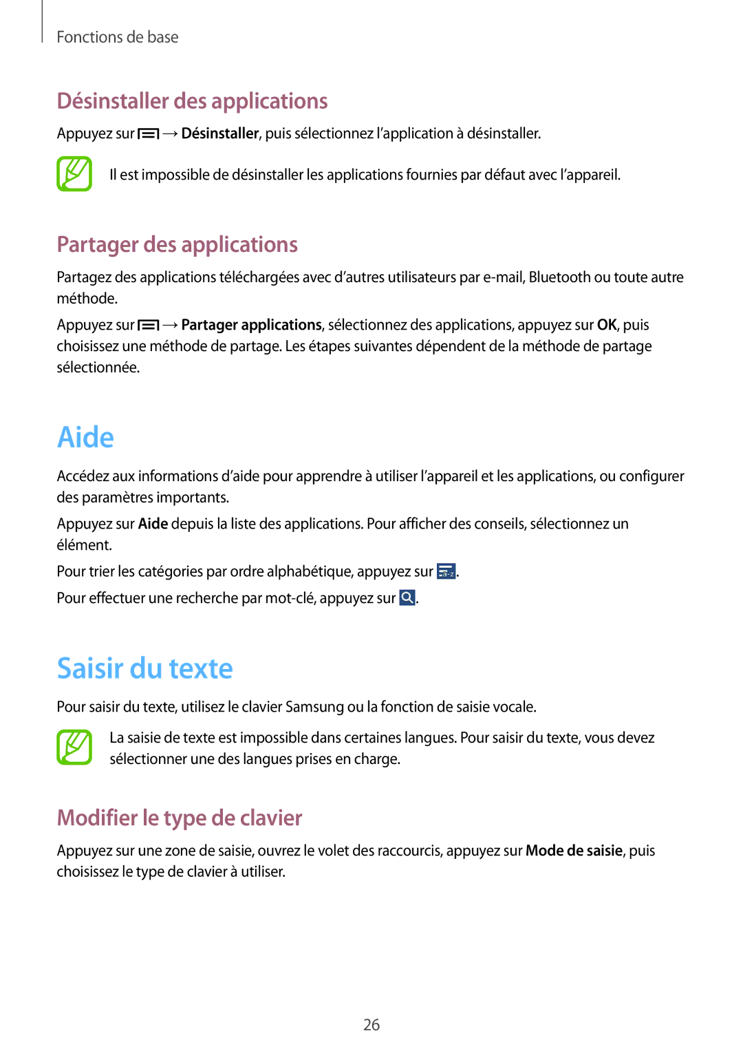 Samsung SM-T110XYKAXEF, SM-T110NYKAXEF Aide, Saisir du texte, Désinstaller des applications, Partager des applications 