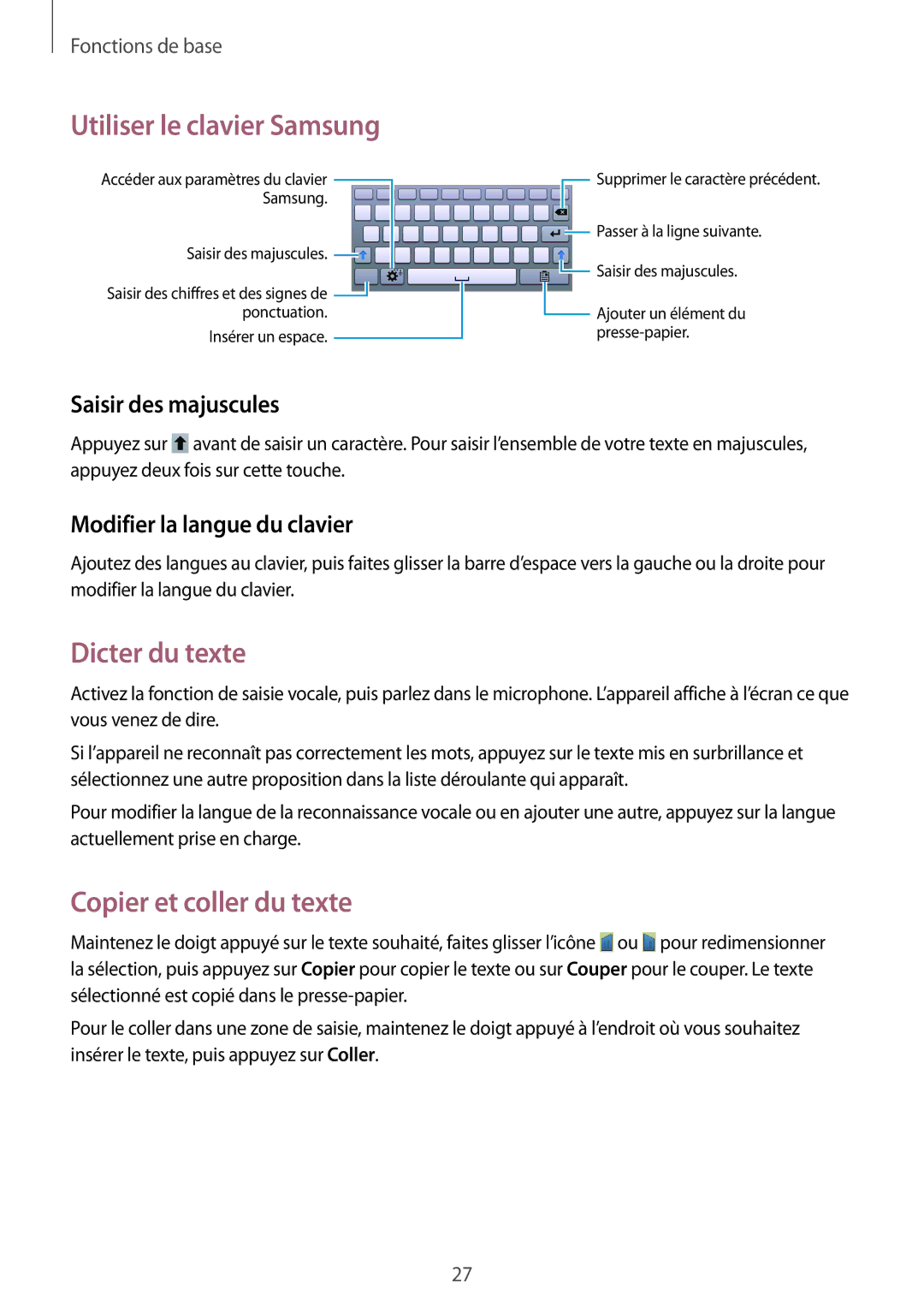 Samsung SM-T110NYKAXEF Utiliser le clavier Samsung, Dicter du texte, Copier et coller du texte, Saisir des majuscules 