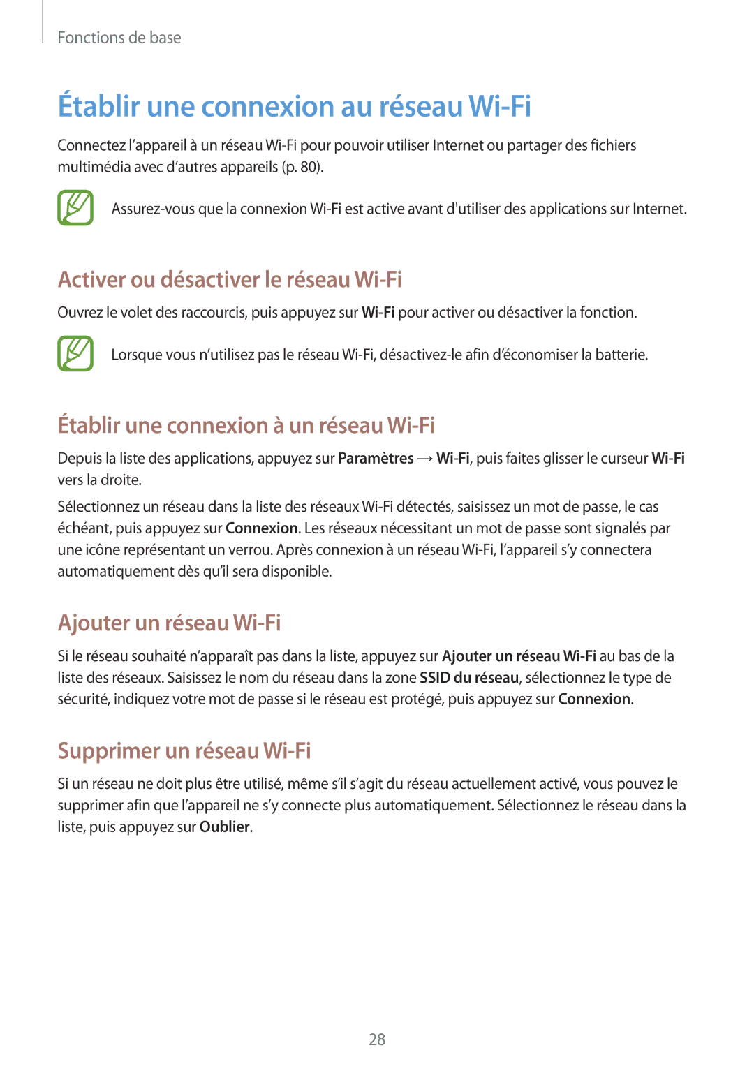 Samsung SM-T110NDWAXEF, SM-T110NYKAXEF manual Établir une connexion au réseau Wi-Fi, Activer ou désactiver le réseau Wi-Fi 