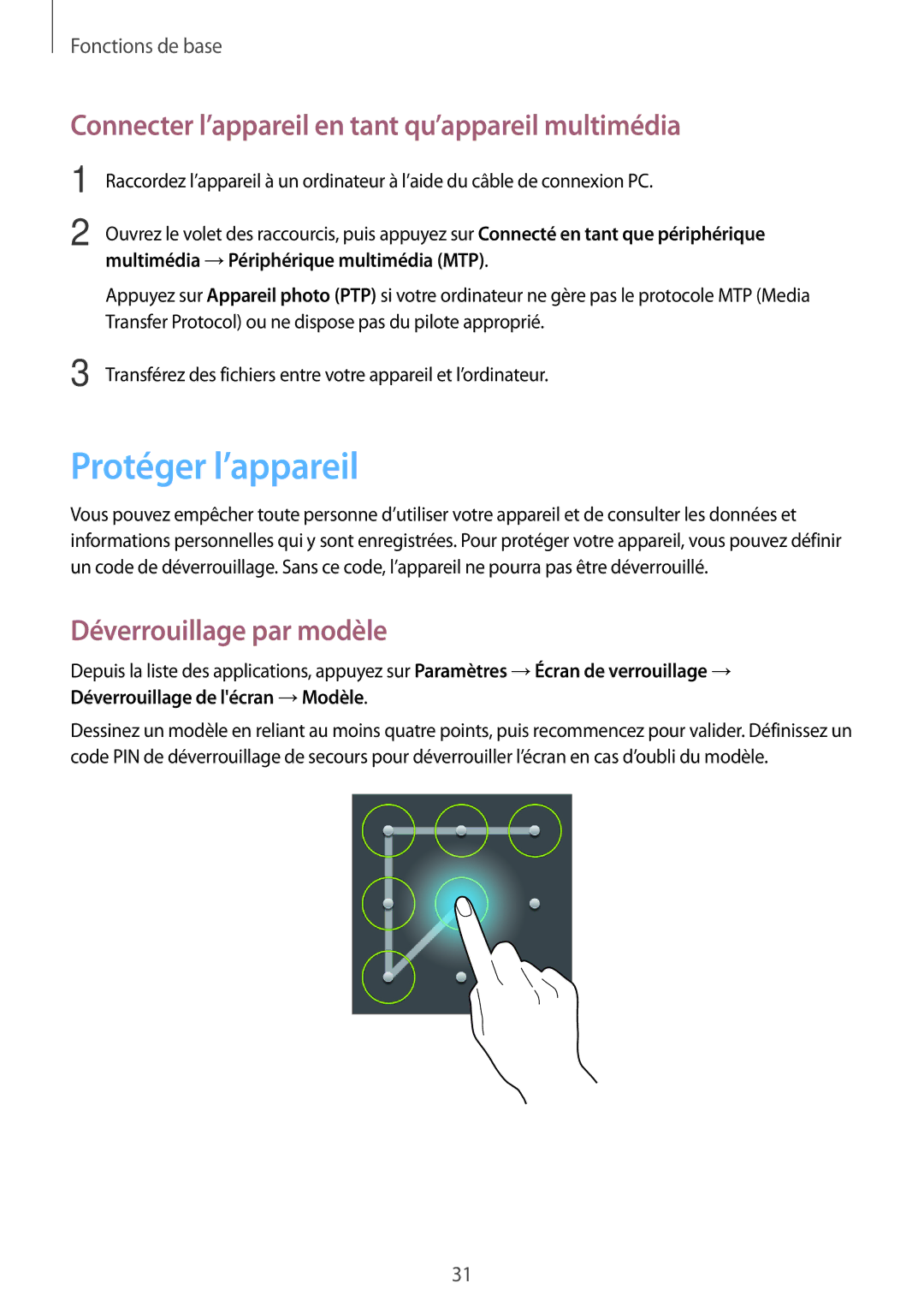 Samsung SM-T110NDWAXEF Protéger l’appareil, Connecter l’appareil en tant qu’appareil multimédia, Déverrouillage par modèle 