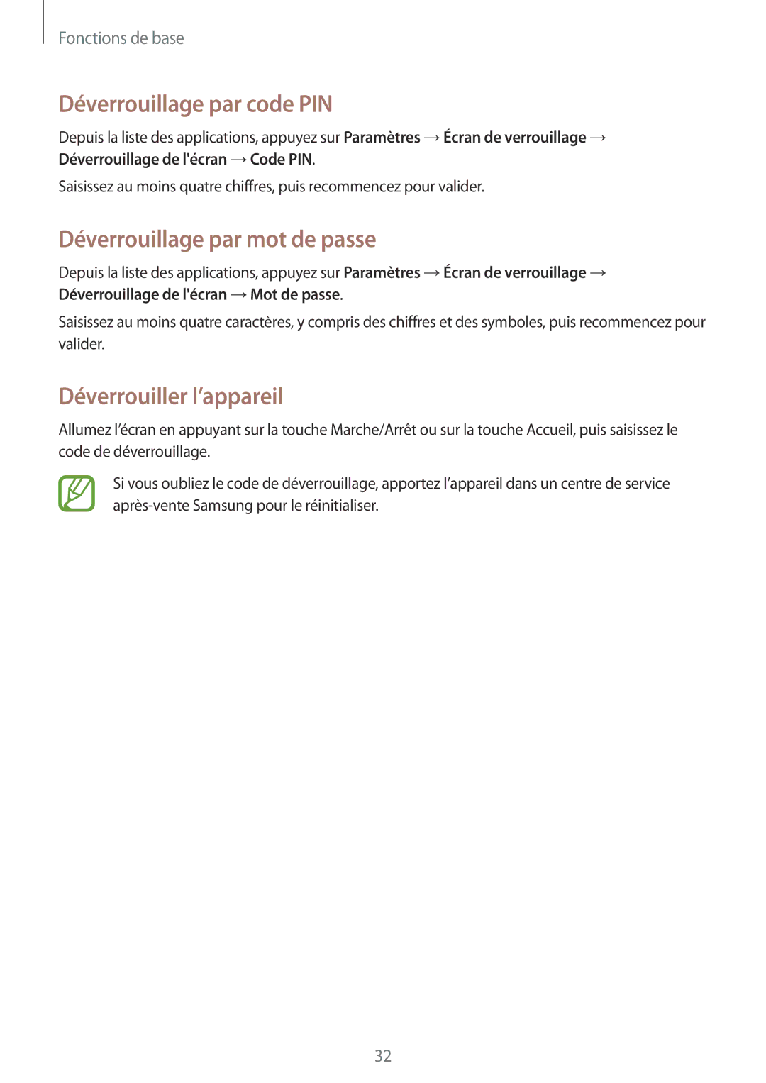 Samsung SM-T110XYKAXEF manual Déverrouillage par code PIN, Déverrouillage par mot de passe, Déverrouiller l’appareil 
