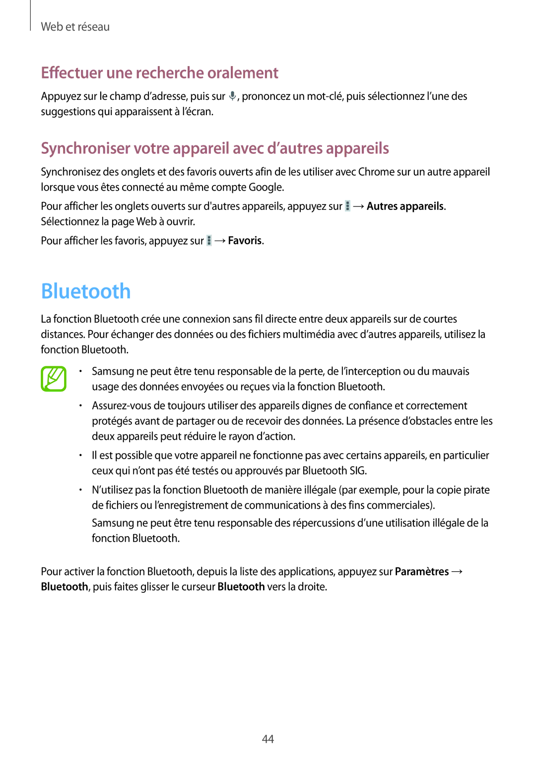 Samsung SM-T110XYKAXEF, SM-T110NYKAXEF, SM-T110NDWAXEF manual Bluetooth, Synchroniser votre appareil avec d’autres appareils 