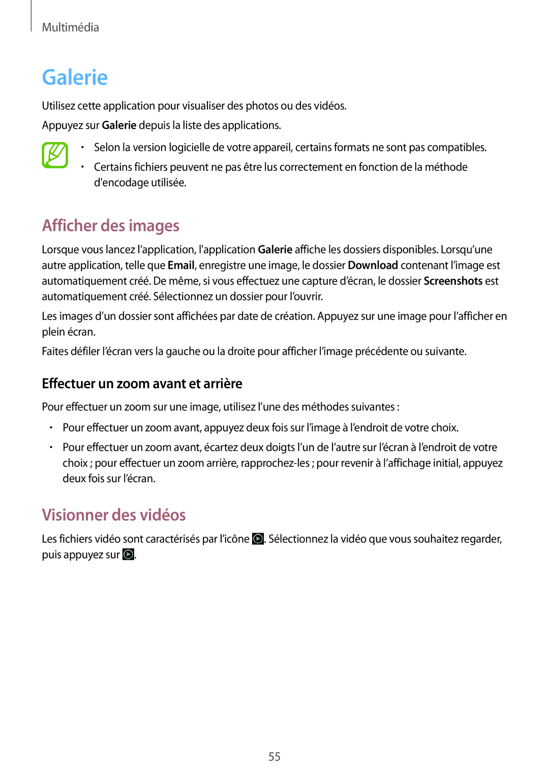 Samsung SM-T110NDWAXEF manual Galerie, Afficher des images, Visionner des vidéos, Effectuer un zoom avant et arrière 