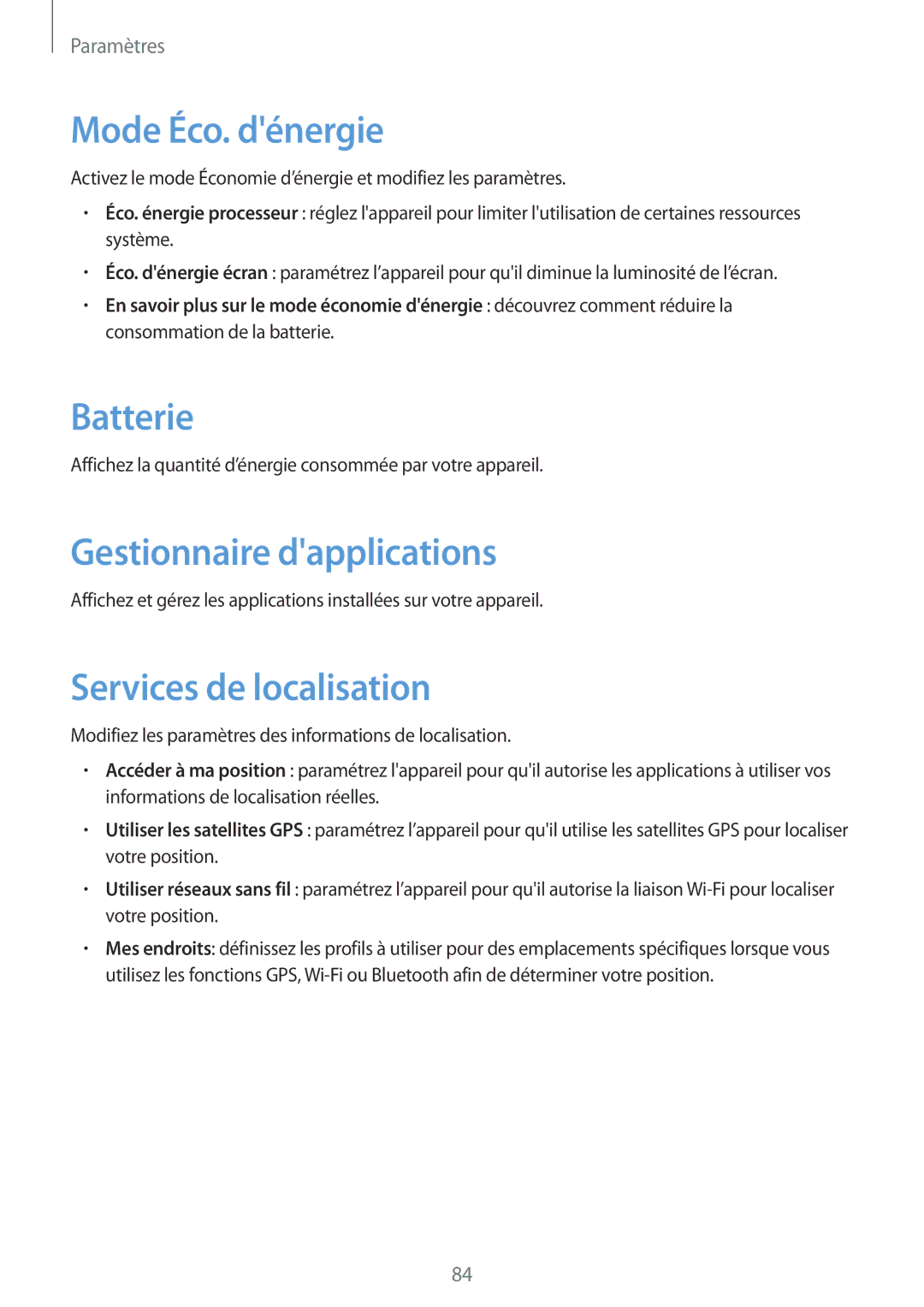 Samsung SM-T110NYKAXEF, SM-T110NDWAXEF Mode Éco. dénergie, Batterie, Gestionnaire dapplications, Services de localisation 