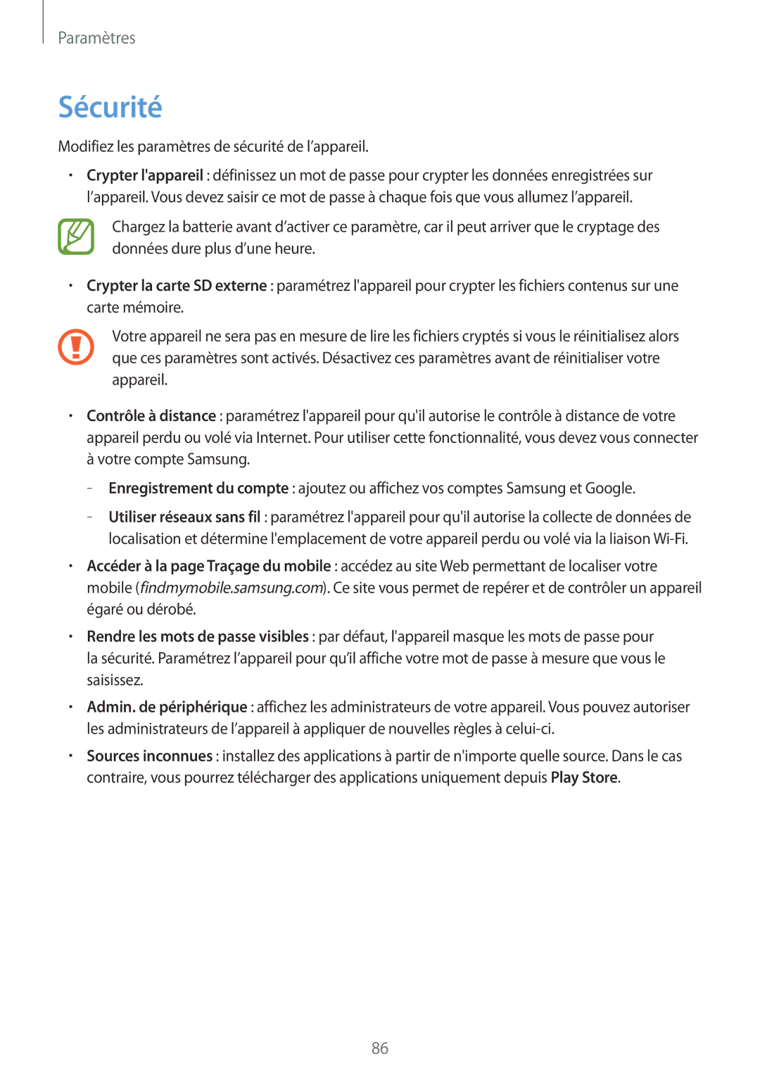 Samsung SM-T110XYKAXEF, SM-T110NYKAXEF, SM-T110NDWAXEF manual Sécurité, Modifiez les paramètres de sécurité de l’appareil 