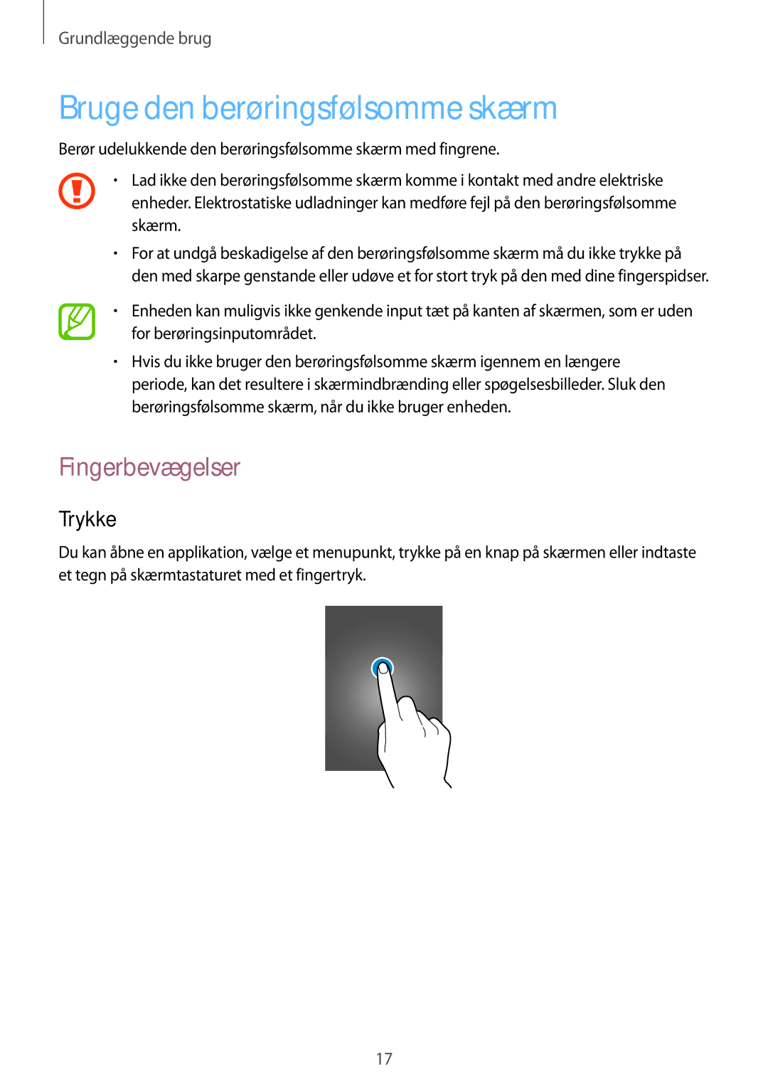 Samsung SM-T110NYKANEE, SM-T110XYKANEE, SM-T110NBGANEE manual Bruge den berøringsfølsomme skærm, Fingerbevægelser, Trykke 