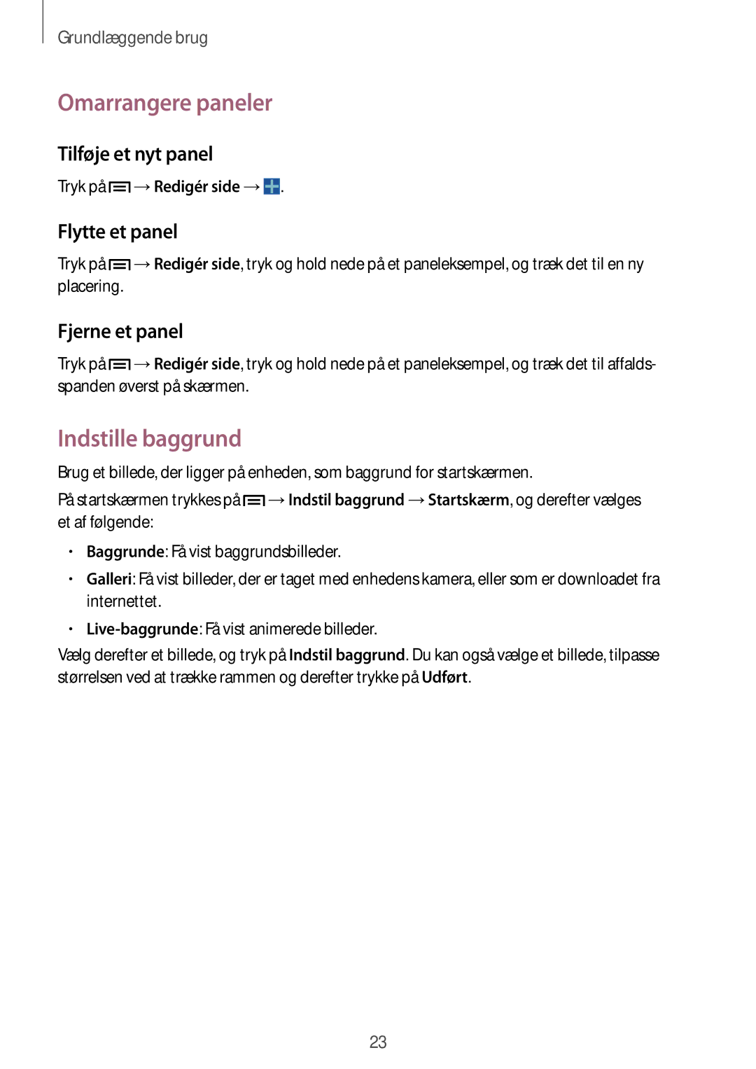 Samsung SM-T110NDWANEE Omarrangere paneler, Indstille baggrund, Tilføje et nyt panel, Flytte et panel, Fjerne et panel 