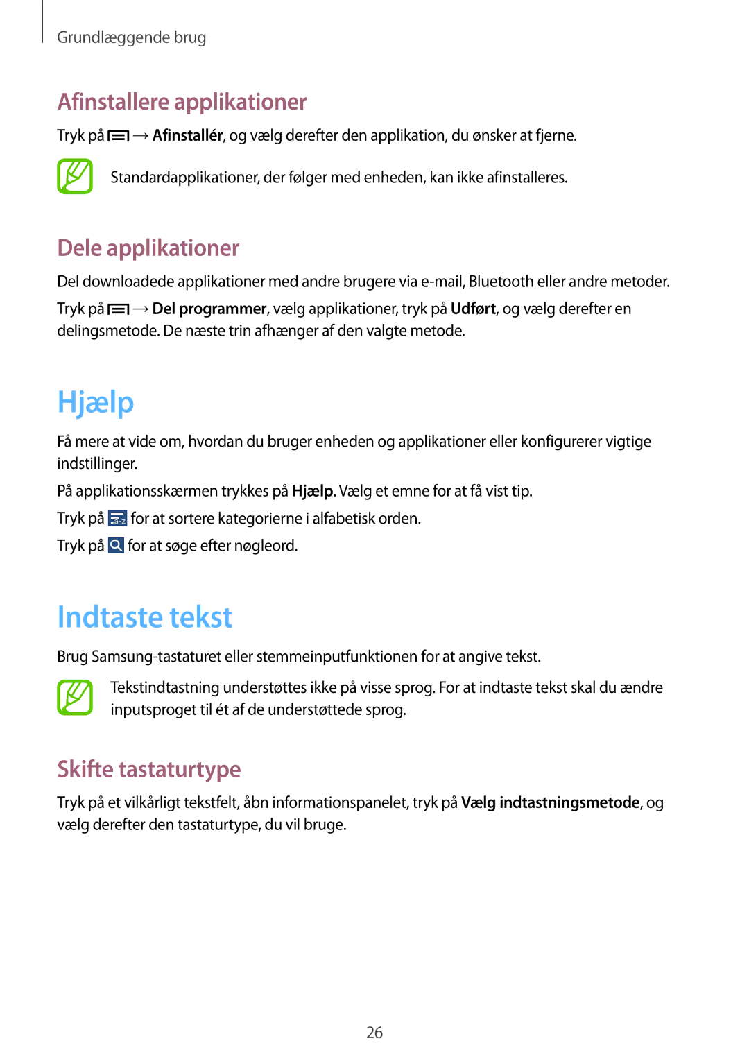 Samsung SM-T110NPIANEE manual Hjælp, Indtaste tekst, Afinstallere applikationer, Dele applikationer, Skifte tastaturtype 