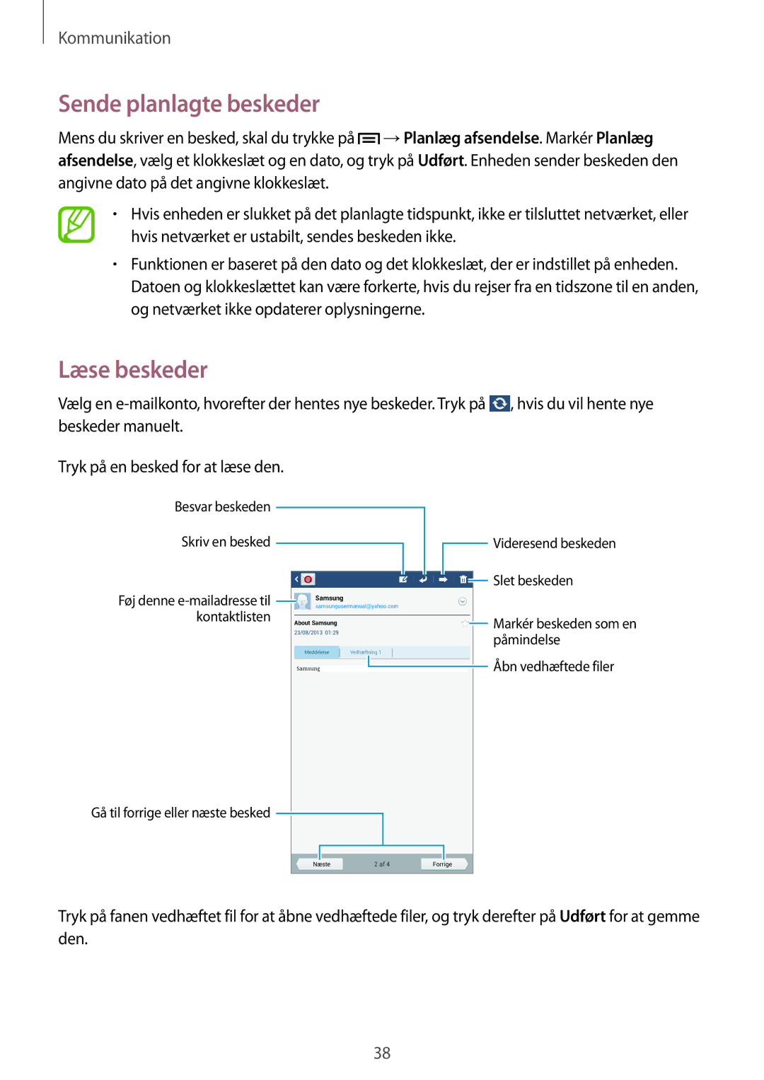 Samsung SM-T110NYKANEE, SM-T110XYKANEE, SM-T110NBGANEE, SM-T110NDWANEE manual Sende planlagte beskeder, Læse beskeder 