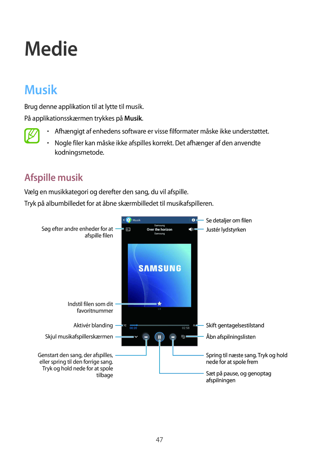 Samsung SM-T110NPIANEE, SM-T110XYKANEE, SM-T110NBGANEE, SM-T110NDWANEE, SM-T110NYKANEE manual Medie, Musik, Afspille musik 