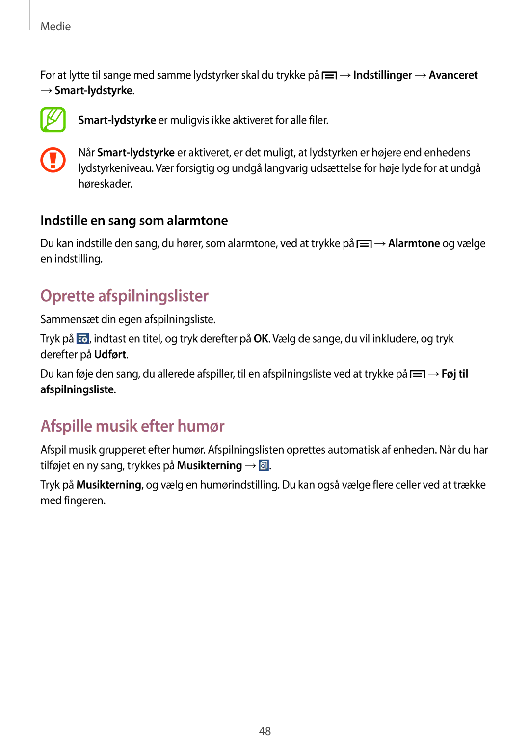 Samsung SM-T110XDWANEE manual Oprette afspilningslister, Afspille musik efter humør, Indstille en sang som alarmtone 