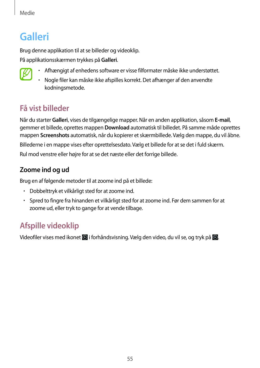 Samsung SM-T110XDWANEE, SM-T110XYKANEE, SM-T110NBGANEE manual Galleri, Få vist billeder, Afspille videoklip, Zoome ind og ud 