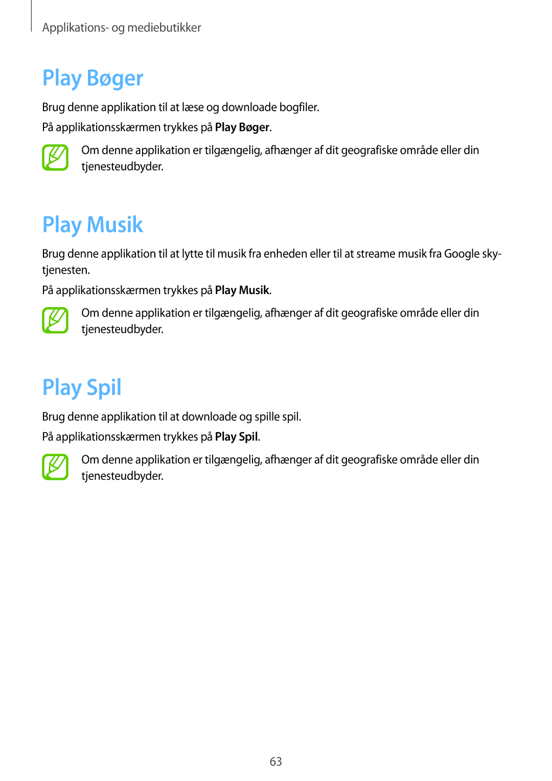 Samsung SM-T110XYKANEE, SM-T110NBGANEE, SM-T110NDWANEE, SM-T110NYKANEE, SM-T110NLYANEE manual Play Bøger, Play Musik, Play Spil 