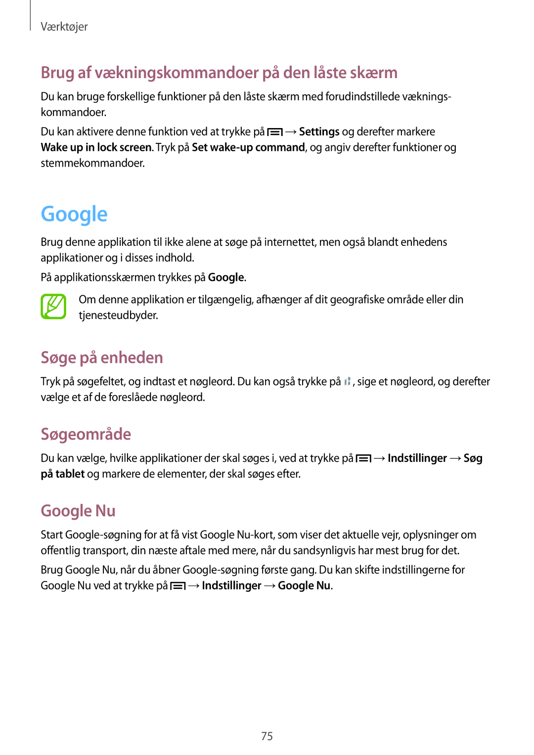 Samsung SM-T110NPIANEE manual Brug af vækningskommandoer på den låste skærm, Søge på enheden, Søgeområde, Google Nu 