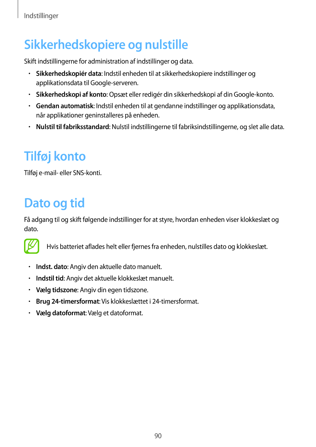 Samsung SM-T110XDWANEE, SM-T110XYKANEE, SM-T110NBGANEE manual Sikkerhedskopiere og nulstille, Tilføj konto, Dato og tid 