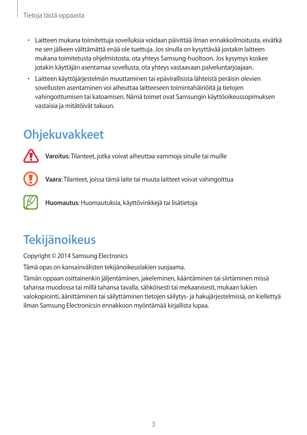 Samsung SM-T110NYKANEE, SM-T110XYKANEE, SM-T110NBGANEE, SM-T110NDWANEE, SM-T110NLYANEE manual Ohjekuvakkeet, Tekijänoikeus 