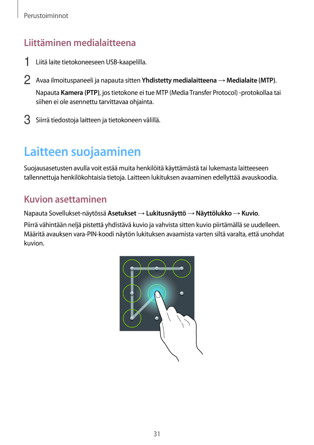 Samsung SM-T110NYKANEE, SM-T110XYKANEE, SM-T110NBGANEE Laitteen suojaaminen, Liittäminen medialaitteena, Kuvion asettaminen 