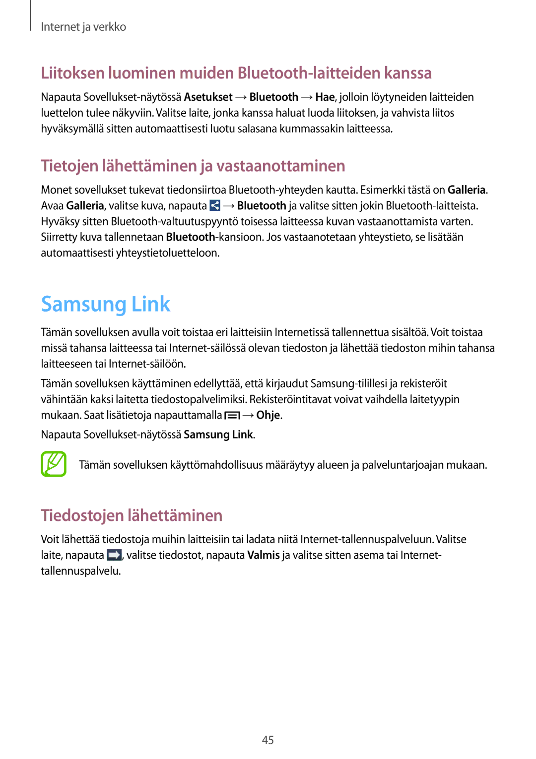 Samsung SM-T110NYKANEE manual Samsung Link, Liitoksen luominen muiden Bluetooth-laitteiden kanssa, Tiedostojen lähettäminen 