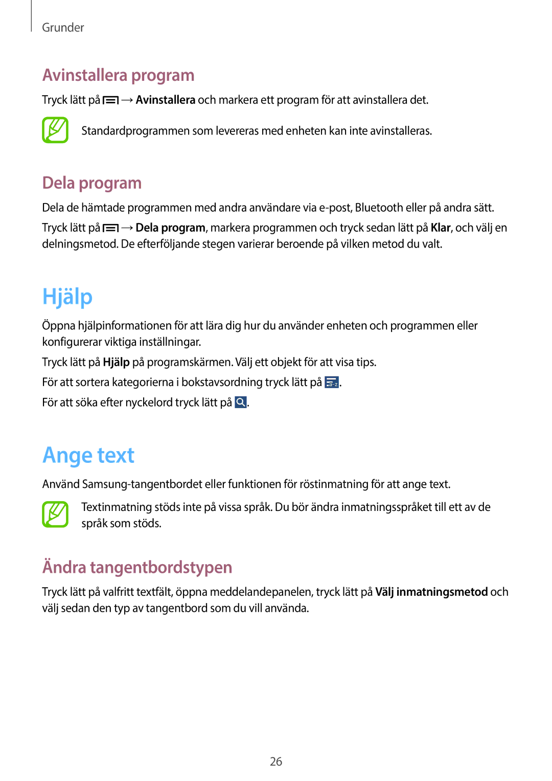 Samsung SM-T110NPIANEE, SM-T110XYKANEE manual Hjälp, Ange text, Avinstallera program, Dela program, Ändra tangentbordstypen 