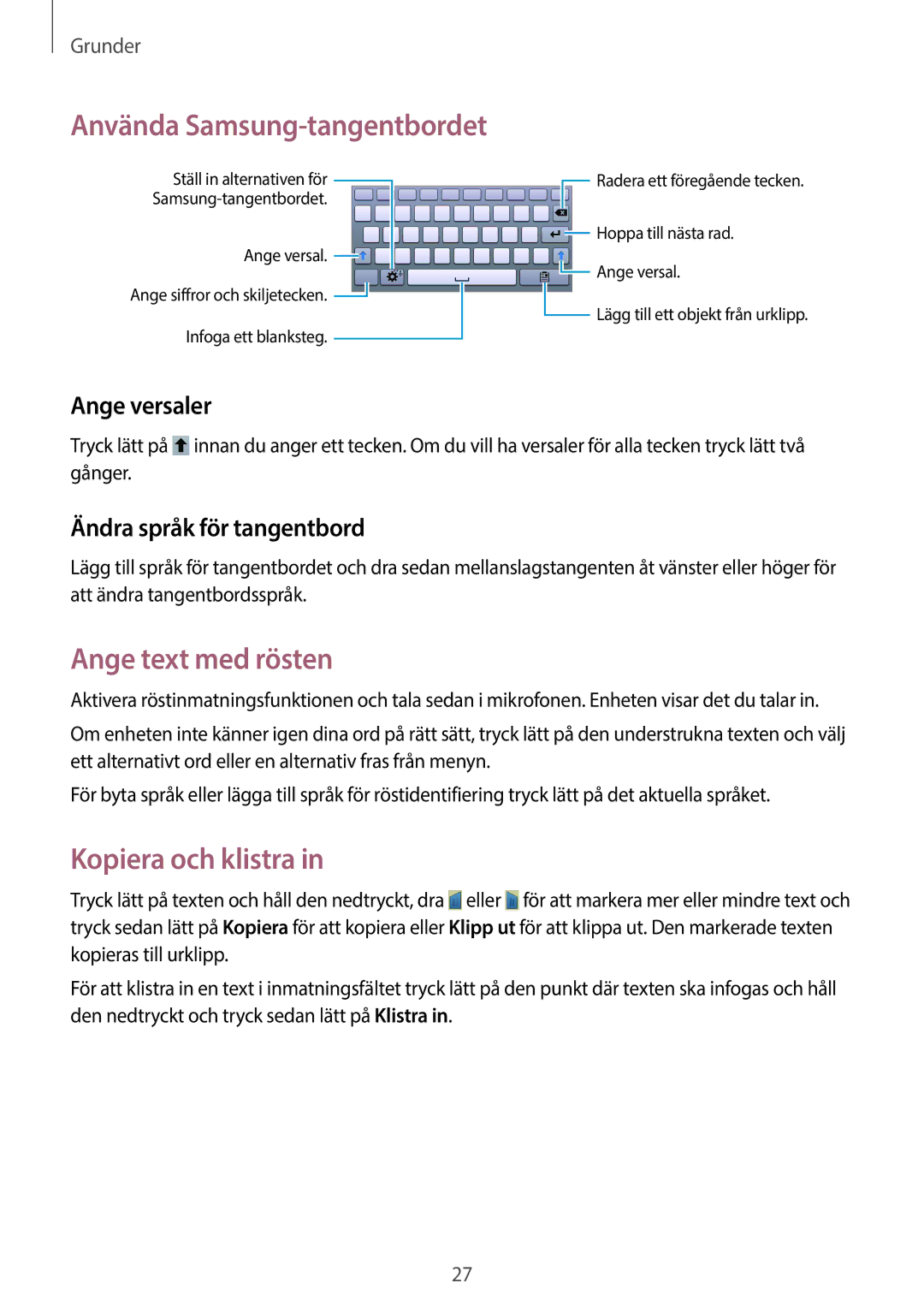 Samsung SM-T110XDWANEE manual Använda Samsung-tangentbordet, Ange text med rösten, Kopiera och klistra, Ange versaler 