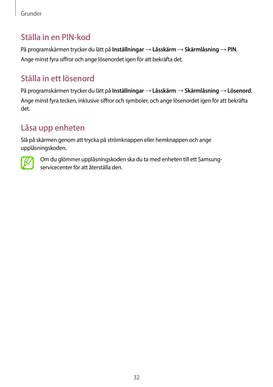Samsung SM-T110NLYANEE, SM-T110XYKANEE, SM-T110NBGANEE manual Ställa in en PIN-kod, Ställa in ett lösenord, Låsa upp enheten 