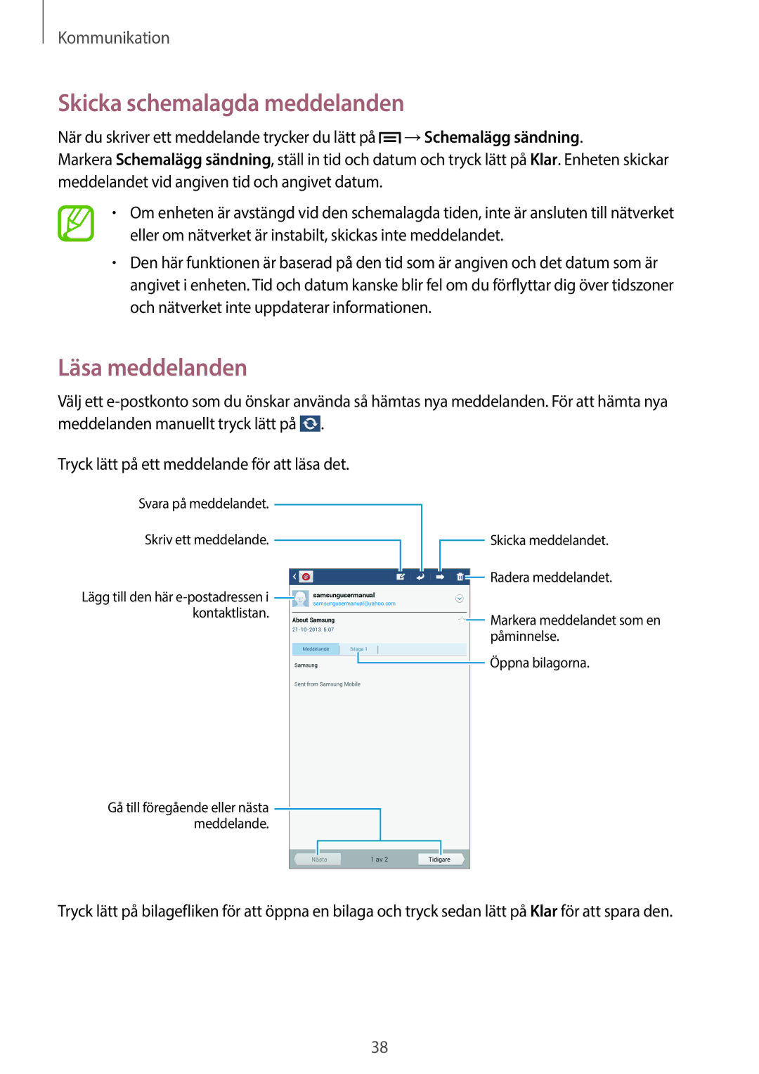 Samsung SM-T110NYKANEE, SM-T110XYKANEE, SM-T110NBGANEE, SM-T110NDWANEE manual Skicka schemalagda meddelanden, Läsa meddelanden 