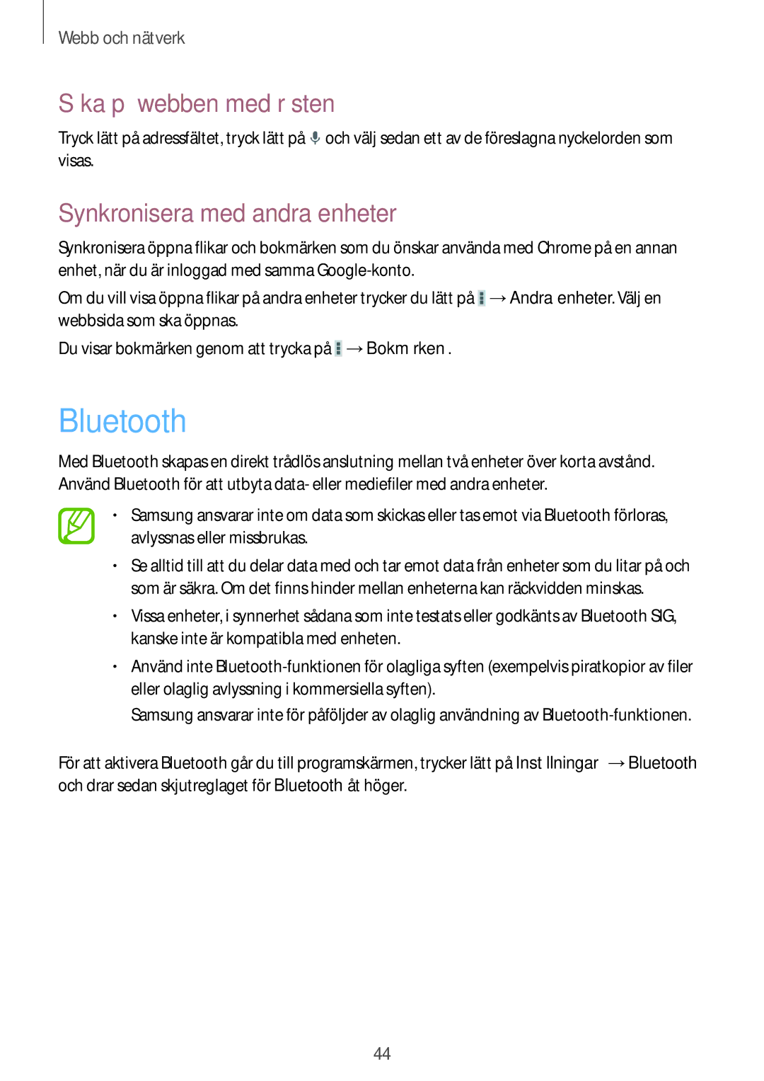 Samsung SM-T110NDWANEE, SM-T110XYKANEE, SM-T110NBGANEE, SM-T110NYKANEE manual Bluetooth, Synkronisera med andra enheter 