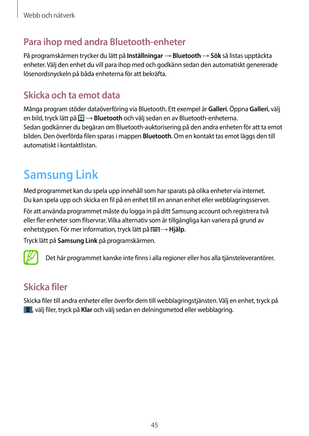 Samsung SM-T110NYKANEE manual Samsung Link, Para ihop med andra Bluetooth-enheter, Skicka och ta emot data, Skicka filer 