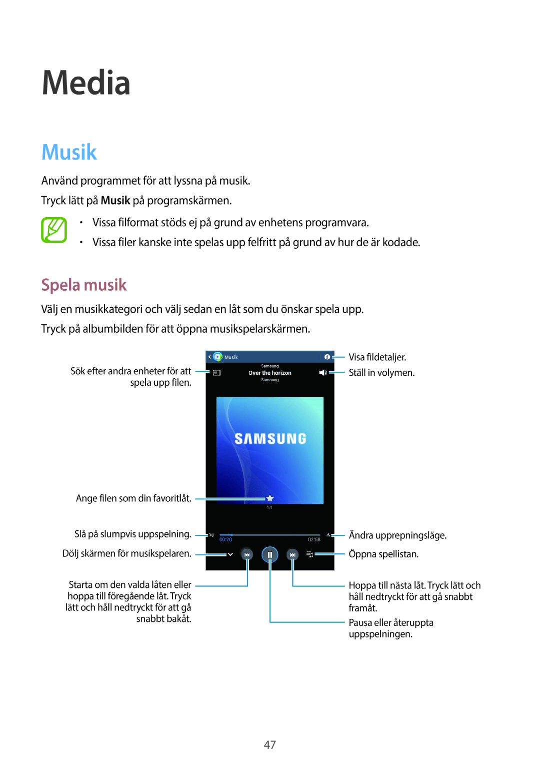 Samsung SM-T110NPIANEE, SM-T110XYKANEE, SM-T110NBGANEE, SM-T110NDWANEE, SM-T110NYKANEE manual Media, Musik, Spela musik 