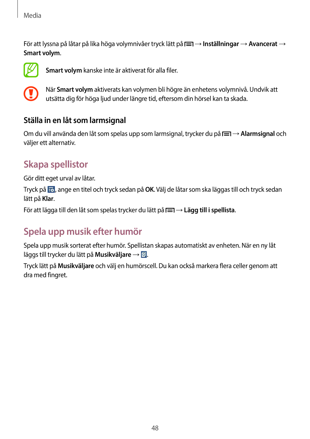 Samsung SM-T110XDWANEE, SM-T110XYKANEE manual Skapa spellistor, Spela upp musik efter humör, Ställa in en låt som larmsignal 