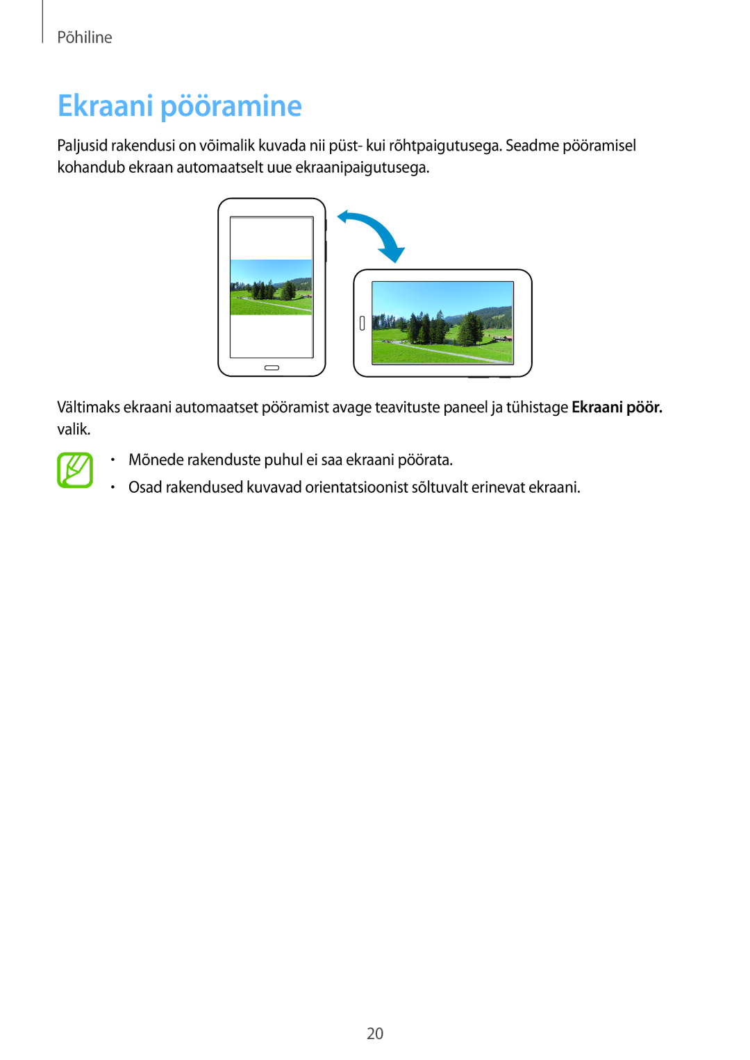 Samsung SM-T110XDWASEB, SM-T110XYKASEB, SM-T110NDWASEB, SM-T110NBGASEB, SM-T110NYKASEB, SM-T110NPIASEB manual Ekraani pööramine 