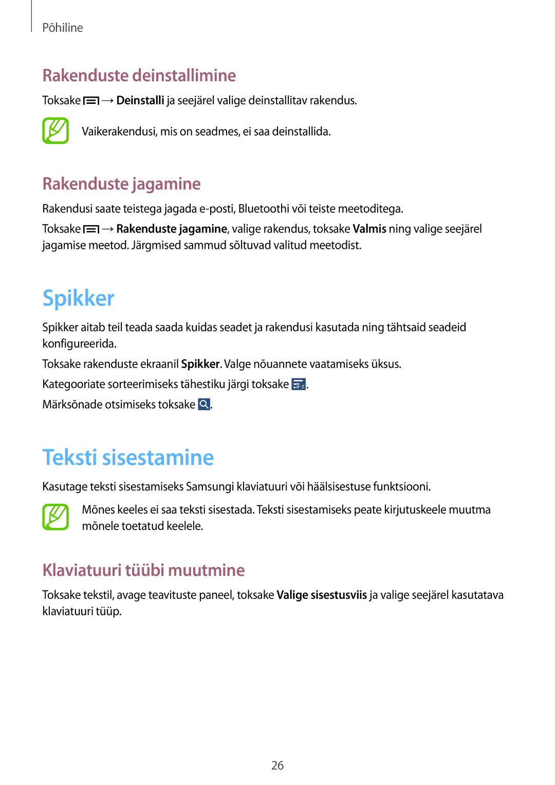 Samsung SM-T110NLYASEB, SM-T110XYKASEB manual Spikker, Teksti sisestamine, Rakenduste deinstallimine, Rakenduste jagamine 