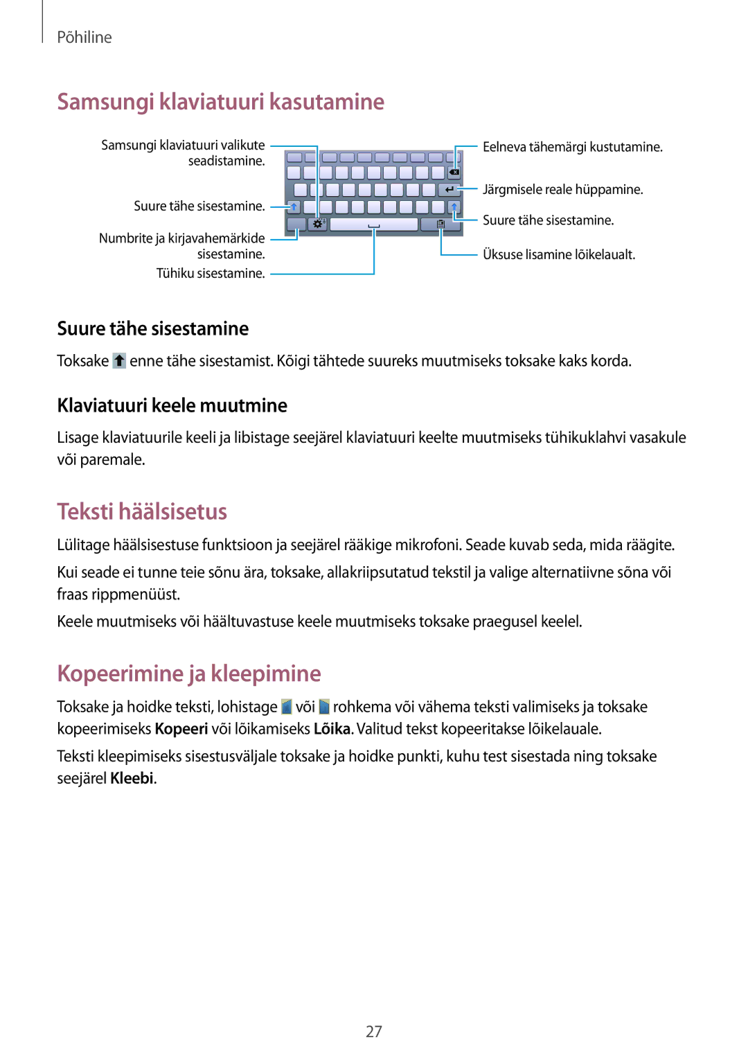 Samsung SM-T110XDWASEB, SM-T110XYKASEB manual Samsungi klaviatuuri kasutamine, Teksti häälsisetus, Kopeerimine ja kleepimine 