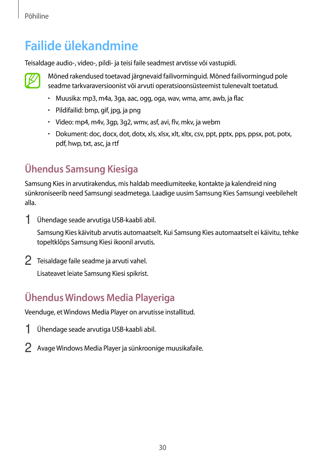 Samsung SM-T110NBGASEB, SM-T110XYKASEB manual Failide ülekandmine, Ühendus Samsung Kiesiga, Ühendus Windows Media Playeriga 