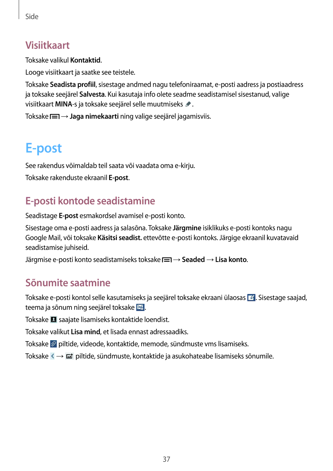 Samsung SM-T110NBGASEB, SM-T110XYKASEB, SM-T110NDWASEB manual Visiitkaart, Posti kontode seadistamine, Sõnumite saatmine 