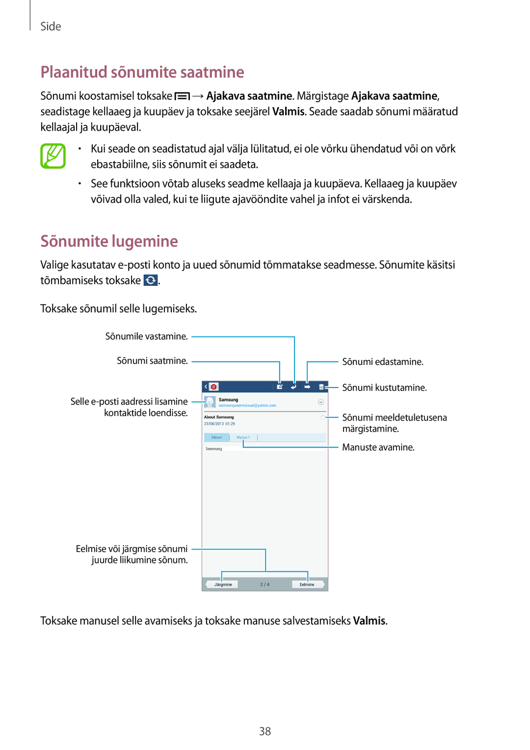 Samsung SM-T110NYKASEB, SM-T110XYKASEB, SM-T110NDWASEB, SM-T110NBGASEB manual Plaanitud sõnumite saatmine, Sõnumite lugemine 