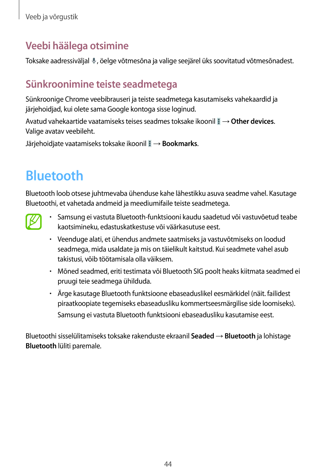 Samsung SM-T110NBGASEB, SM-T110XYKASEB, SM-T110NDWASEB, SM-T110NYKASEB manual Bluetooth, Sünkroonimine teiste seadmetega 