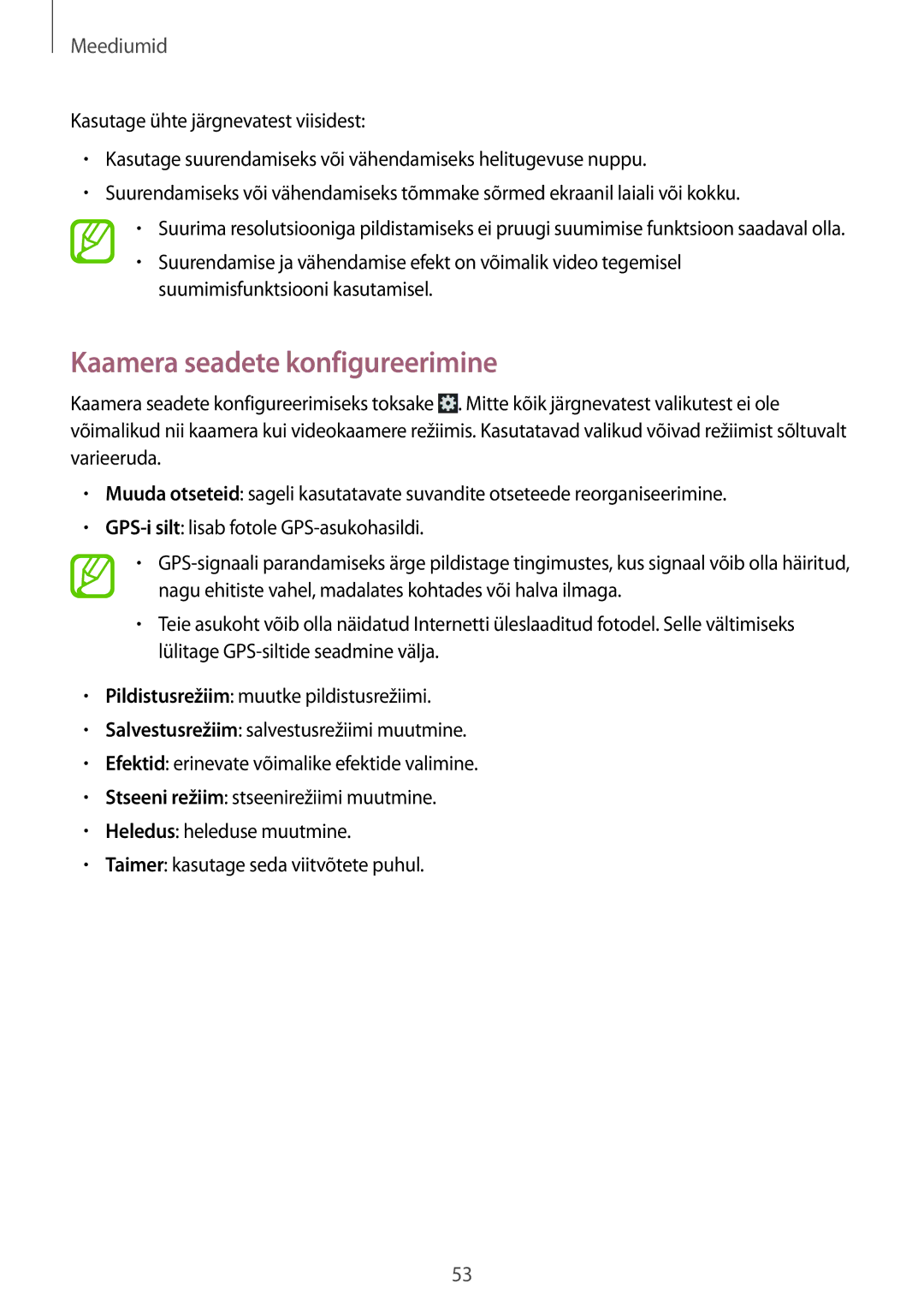 Samsung SM-T110NPIASEB, SM-T110XYKASEB, SM-T110NDWASEB, SM-T110NBGASEB, SM-T110NYKASEB manual Kaamera seadete konfigureerimine 